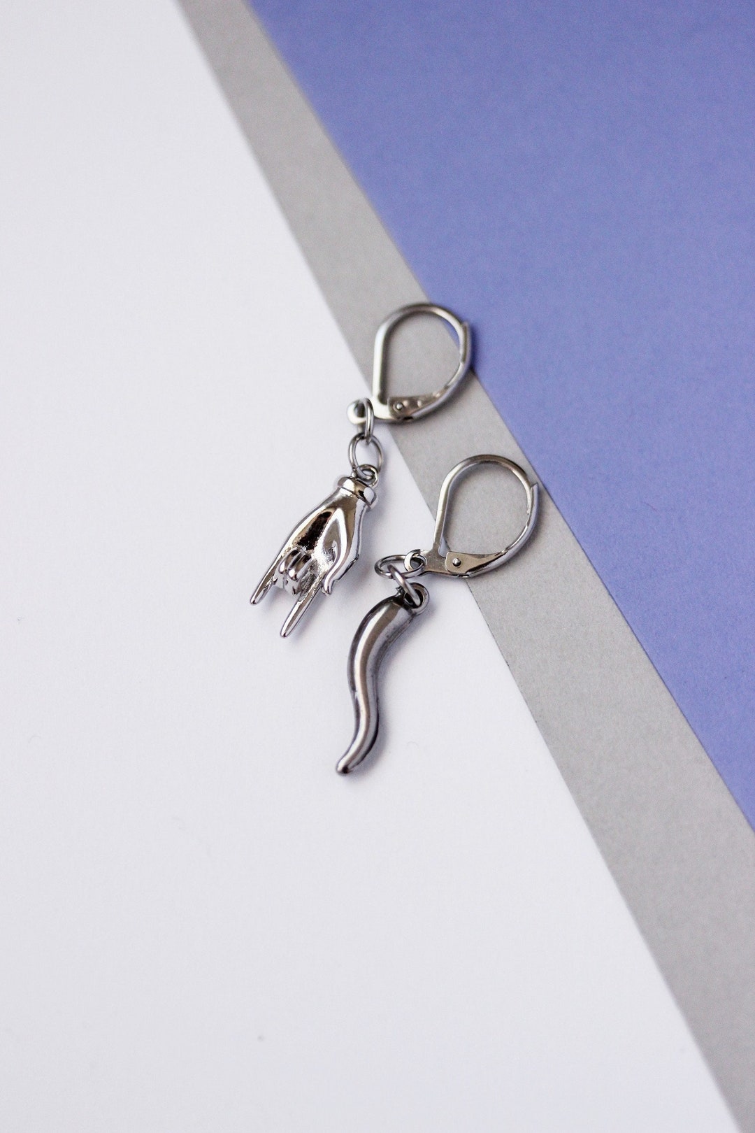 Silver Italian Horn Earrings Good Luck Symbol Earrings Stainless Steel