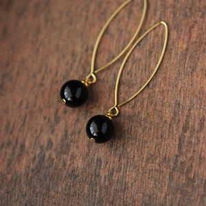 Long Black Onyx Stone Earrings Black Stone Sphere Earrings Dangle Gold Earrings Elegant Simple Earring Trendy Unique Gold Steel Hook Earring image 7