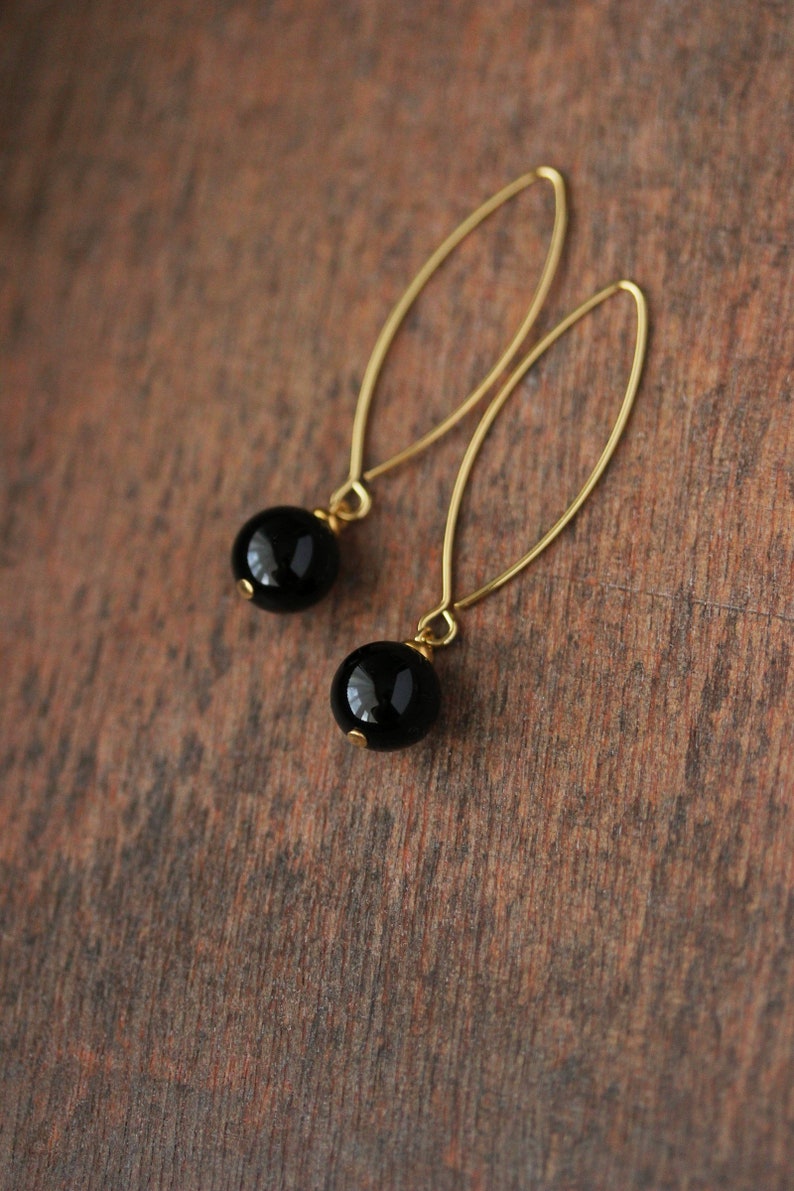 Long Black Onyx Stone Earrings Black Stone Sphere Earrings Dangle Gold Earrings Elegant Simple Earring Trendy Unique Gold Steel Hook Earring image 7