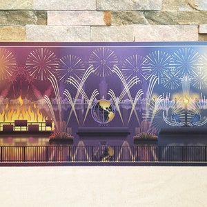 May include: A colourful illustration of a nighttime fireworks display over a cityscape. The fireworks are in shades of purple, blue, and gold, and the cityscape is silhouetted against a dark background. There is a globe in the centre of the image, and the fireworks are exploding around it.