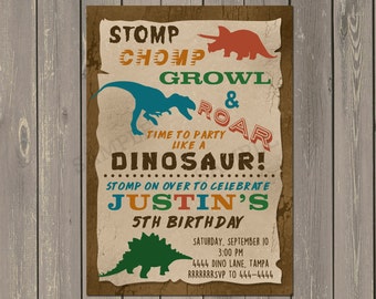 Dinosaur Birthday Invitation, Trex Dino Birthday Party Invite, Boys Prehistoric Dinosaur Party Invitation, Printable or Printed