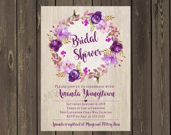 Purple Bridal Shower Invitation, Purple Wreath Watercolor Bridal Shower Invitations, Rustic Wood Bridal Shower Invite, Printable or Printed