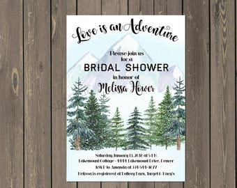 Mountain Bridal Shower Invitation, Trees Bridal Shower Invitation, Adventure Bridal Shower, Winter, Printable or Printed