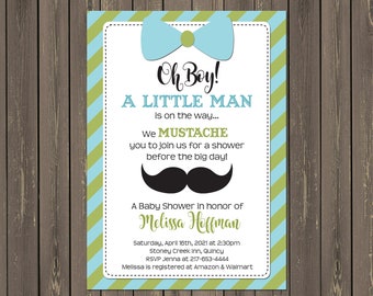 Little Man Baby Shower Invitation, Mustache and Bow Tie Baby Shower Invitations, Baby Boy Little Man Shower Invitations, DIY or Printed