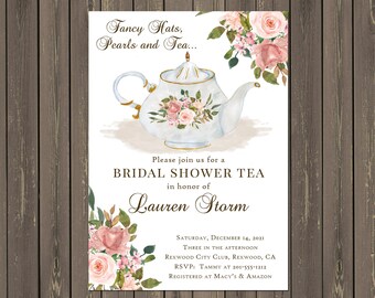 Watercolor Tea Party Bridal Shower Invitation: Pink Roses (Printable or Printed)
