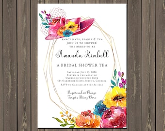 Fancy Hat Bridal Shower Invitation, Fascinator Bridal Tea Invitations, Bridal Brunch, Bright Summer Floral, Printable or Printed