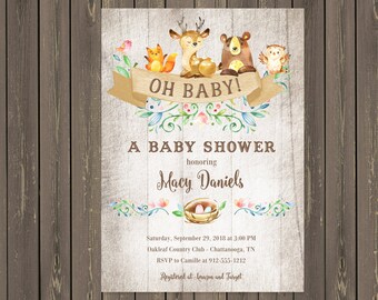 Woodland Animals Baby Shower Invitations, Forest Animals Shower Invite, Woodland Themed Shower Invitation, Printable or Printed