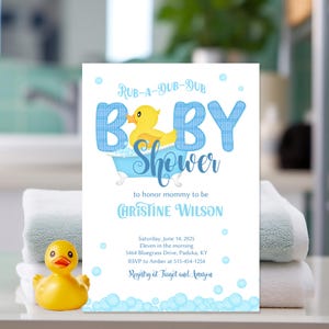 Rubber Duck Baby Shower Invitation Bathtub Yellow Blue Plaid Theme Rubber Ducky Party Invite Custom Printed or Printable Invitations