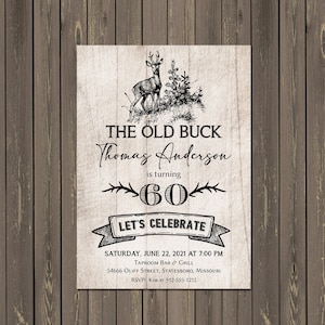 Deer Old Buck Men's Adult Birthday Party Invitation, Over the hill, Rustic Birthday, Printable or Printed