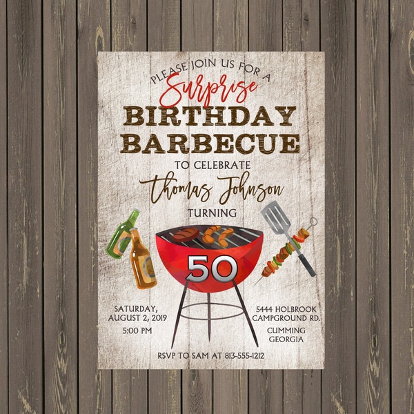 Adult Birthday BBQ Invitation, Barbecue Grill Invitation, Surprise Party Invitation,  Masculine BBQ Party Invitation, Printable or Printed