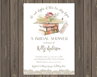 Book Themed Bridal Shower Invitation, Library Shower Invitation, Book Lover Shower Invitation, Watercolor Book Invite, Printable or Printed