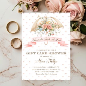 Faire-part de douche nuptiale de carte-cadeau de parapluie, carte-cadeau florale et de coeur de douche, carte-cadeau de couples, invitations imprimables ou imprimées