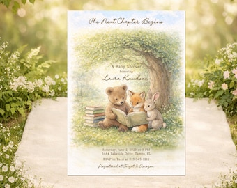 Next Chapter Baby Shower Invitation, Woodland Book Theme Baby Shower Invite, Storybook Forest Animals, Gender Neutral, Printable or Printed