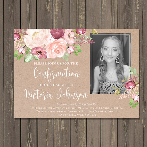 Confirmation Invitation with Photo, Floral Confirmation or Baptism Invitation with Photo, Christening Photo Invitation, Printable or Printed Il_570xn