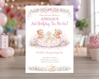 Teddy Bear Tea Party Invitation, Pink Floral Bear Tea Par-Tea, Girl Tea Party Birthday Invite, Storybook  Birthday, Printable or Printed