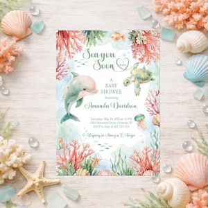 Beach Baby Shower Invitation: Sea Turtle, Dolphin Theme (Printable or Printed Options Available