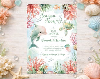 Invitación para baby shower de playa: temática de tortuga marina y delfín (opciones imprimibles o impresas disponibles)