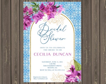 Invitación para despedida de soltera con azulejos azules: buganvillas florales, temática griega (imprimible o impresa)