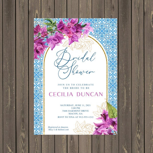 Bougainvillea Blue Tiles Bridal Shower Invitation, Blue Tile Invitation, Greece Bridal Shower, Printable or Printed