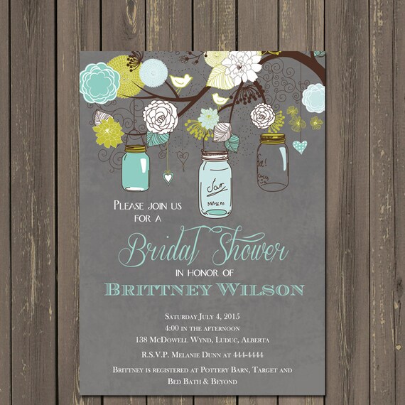 Mason Jar Bridal Shower Invitation, Teal and Grey Mason Jar Invitation, Rustic Bridal Shower, Wedding Shower, Printable or Printed Il_570xn