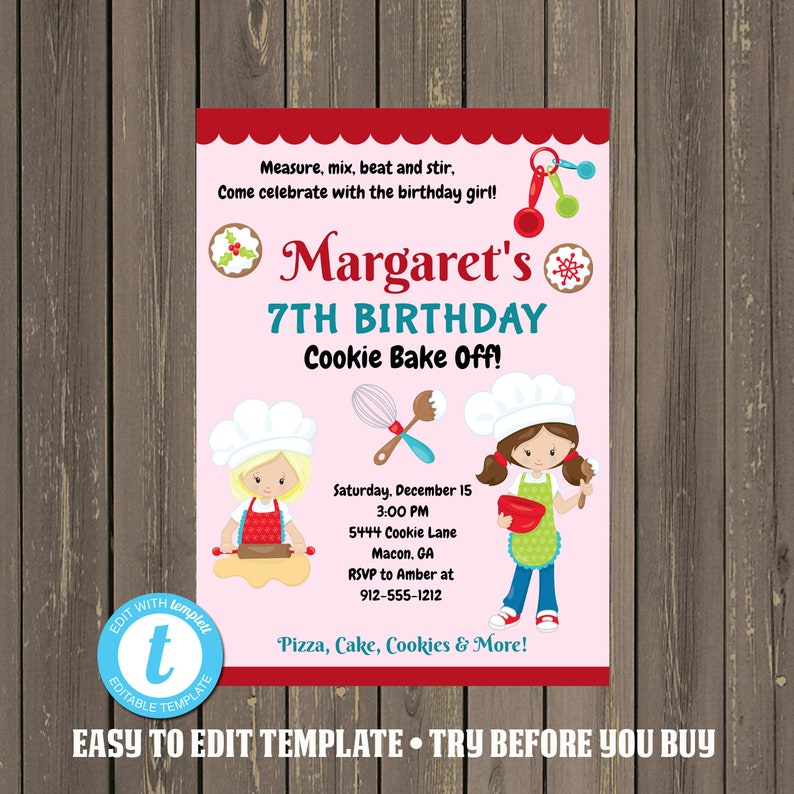 Baking Birthday Party Invitation, Cookie Decorating Party Invitation, Christmas Cookie Baking Invitation, Easy Edit, Instant Download image 1