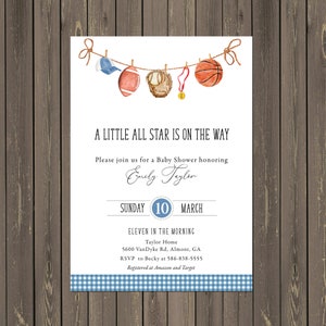 Sports Baby Shower Invitation, Baby Boy All-Star Baby Shower Invitations, Clothes Line Sports Baby Shower,  Printable or Printed