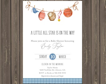 Sports Baby Shower Invitation, Baby Boy All-Star Baby Shower Invitations, Clothes Line Sports Baby Shower,  Printable or Printed