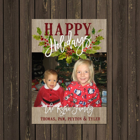 Rustic Christmas Photo Card, Rustic Floral Happy Holidays Photo Card, Wood and Floral Photo Christmas Card, Printable or Printed Il_570xn