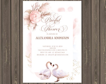 Invitación para despedida de soltera con diseño de cisne: rosas de acuarela rosa (imprimible o impresa)