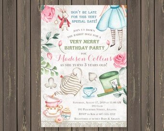Invitación de cumpleaños de Alicia en el País de las Maravillas, invitación para fiesta de té (imprimible o impresa)