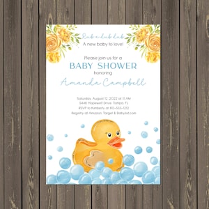 Rubber Duck Baby Shower Invitation, Watercolor Rubber Ducky Baby Shower Invitation, Yellow Watercolor Roses, Printable or Printed