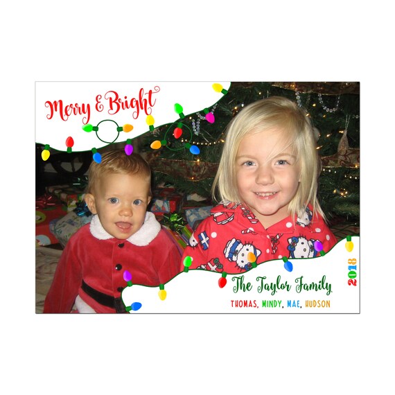 Merry and Bright Christmas Card, Christmas Lights Photo Christmas Card, Modern Fun Christmas Card, Printable or Printed Il_570xn
