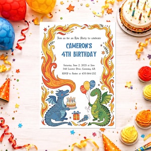 May include: A children's birthday party invitation with a dragon theme. The invitation has the text "CAMERON'S 4TH BIRTHDAY" within a flame design. Two cartoon dragons are shown, one with a cake and the other with balloons. The invitation includes party details.