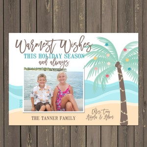 Beach Photo Christmas Card, Palm Tree Photo Christmas Card, Warmest Wishes Holiday Photo Cards, Printable or Printed