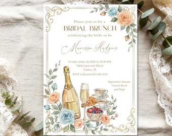 Invitación para brunch de despedida de soltera, brunch con champán azul y melocotón, invitación para brunch de boda, impresión personalizada o imprimible