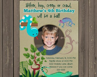 May include: A green, brown, and blue birthday invitation with a photo of a young boy. The invitation says "Slither, hop, creep or crawl, Matthew's 4th Birthday will be a ball!" and includes details about a reptile show.