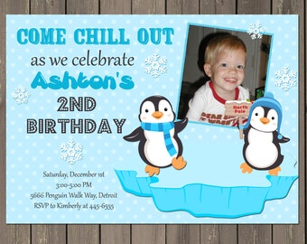 Penguin Birthday Party Invitation, Winter Penguin Birthday Invitation in Pink or Blue, Penguin Photo Birthday Invitation, DIY or Printed