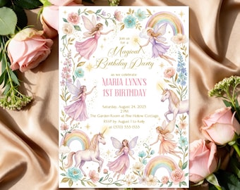 Magical Fairy Unicorn Birthday Invitation, Pastel Rainbow Fairy Birthday Invite, Storybook Unicorn Party Template Editable Instant Download