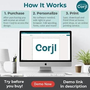 以下が含まれることがあります： デスクトップコンピュータの画面に、白地にターコイズ色の「Corjl」という文字が表示されています。この画像はデザインサービスの広告で、購入、パーソナライズ、印刷というプロセスを説明するテキストが添えられています。コーヒーカップと植物が机の上にあります。