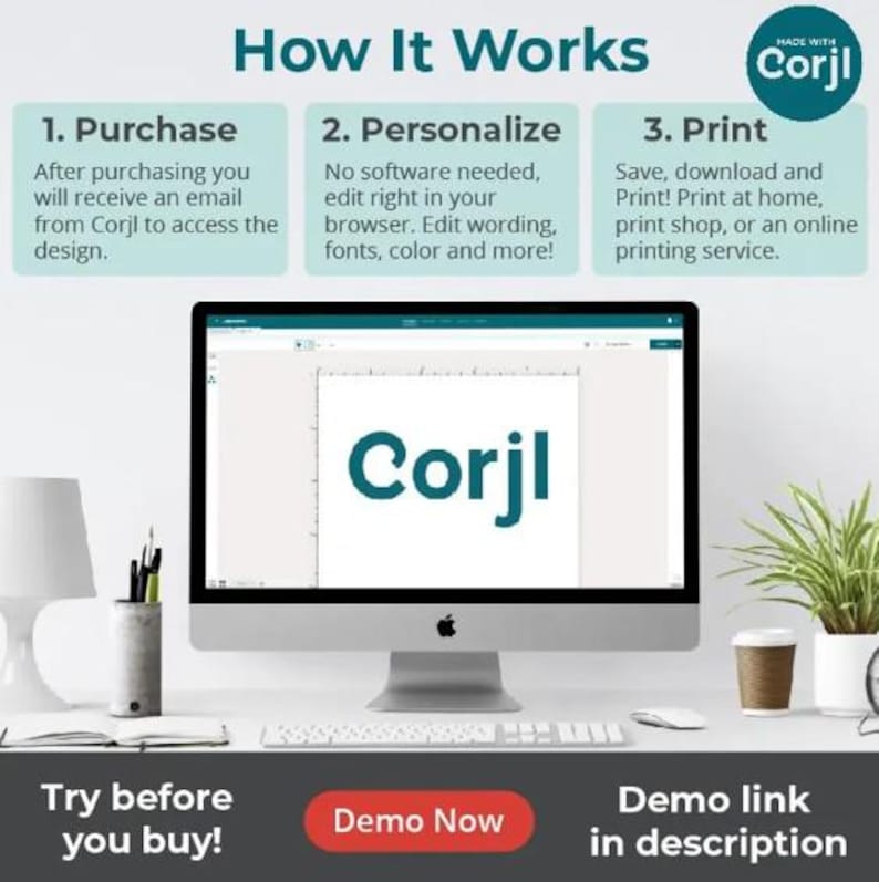 以下が含まれることがあります： デスクトップコンピュータの画面に、白地にターコイズ色の「Corjl」という文字が表示されています。この画像はデザインサービスの広告で、購入、パーソナライズ、印刷というプロセスを説明するテキストが添えられています。コーヒーカップと植物が机の上にあります。