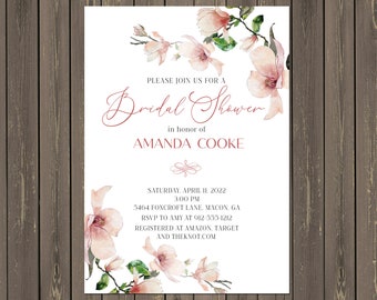 Magnolia Bridal Shower Invitation, Pink Magnolia Flower Invitation, Magnolia Wedding Invitation, Printable or Printed
