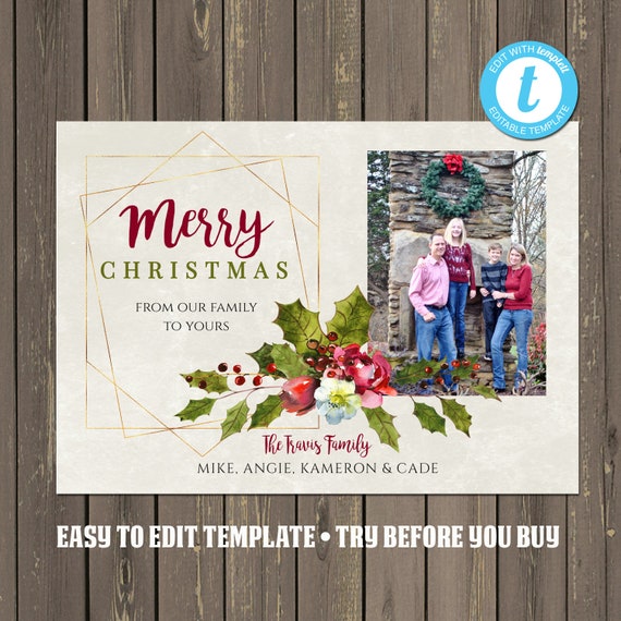 Photo Christmas Card, Watercolor Floral Holiday Card with Photo, Gold Prism Christmas Card, Instant Download, Easy to Edit Il_570xn