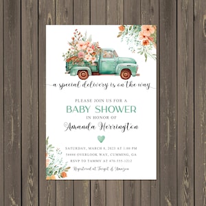 Vintage Truck Baby Shower Invitation, Retro Truck Baby Shower Invitation with Watercolor Flowers, Gender Neutral, Printable or Printed