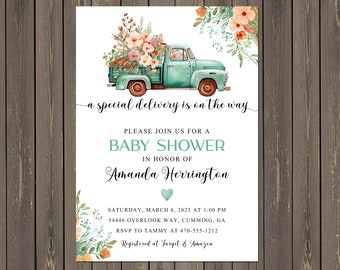 Vintage Truck Baby Shower Invitation: Watercolor Flowers (Printable or Printed)