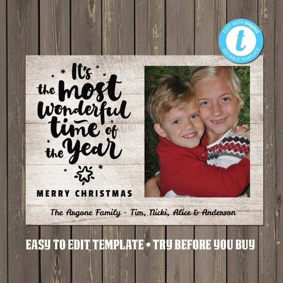 Rustic Wood Photo Christmas Card, Most Wonderful Time of the Year Photo Holiday Card, Instant Download, Easy to Edit Il_570xn