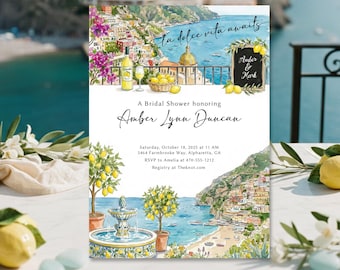 May include: Bridal shower invitation featuring a watercolor illustration of a coastal Italian town with lemons and the text "La dolce vita awaits." The invitation includes the names Amber & Mark, and the date, time, and location of the event.