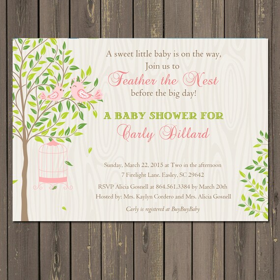 Bird Baby Shower Invitation, Feather the Nest Baby shower Invitation, Bird Cage Shower Invite, Pink or Blue, Printable or Printed Il_570xn