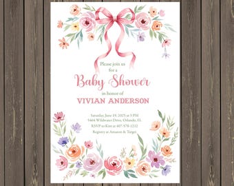 Wildflower Baby Shower Invitation • Pink Bow, Girl Invite (Digital Download)