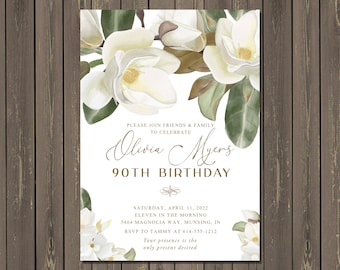 White Magnolia Birthday Invitation: Feminine Floral Design (Printable or Printed)