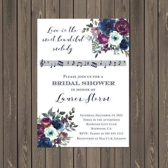 Music Themed Bridal Shower Invitation, Music Note Bridal Shower Invitation, Plum and Navy Music Invitation, Recital, Printable or Printed Il_570xn
